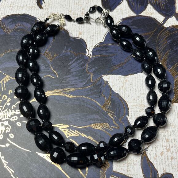 Vintage 40s 1940s Double Strand Faceted Black Beaded Chunky Choker Necklace D2 - Picture 1 of 10